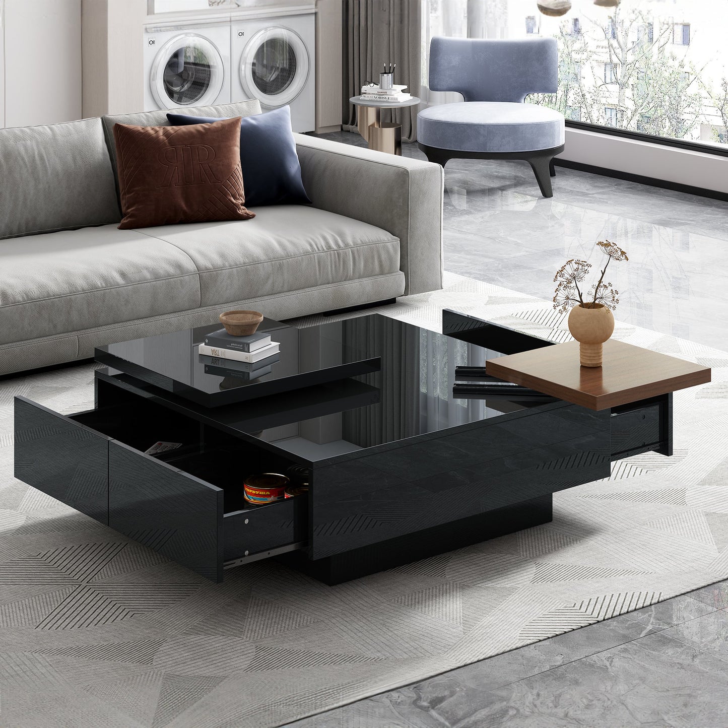 U-Can Movable Top Coffee Table, Modern Square Wood Coffee Table with High Gloss finish, 4 Hidden Storage Drawers for Living Room - Divine Heart L.A.