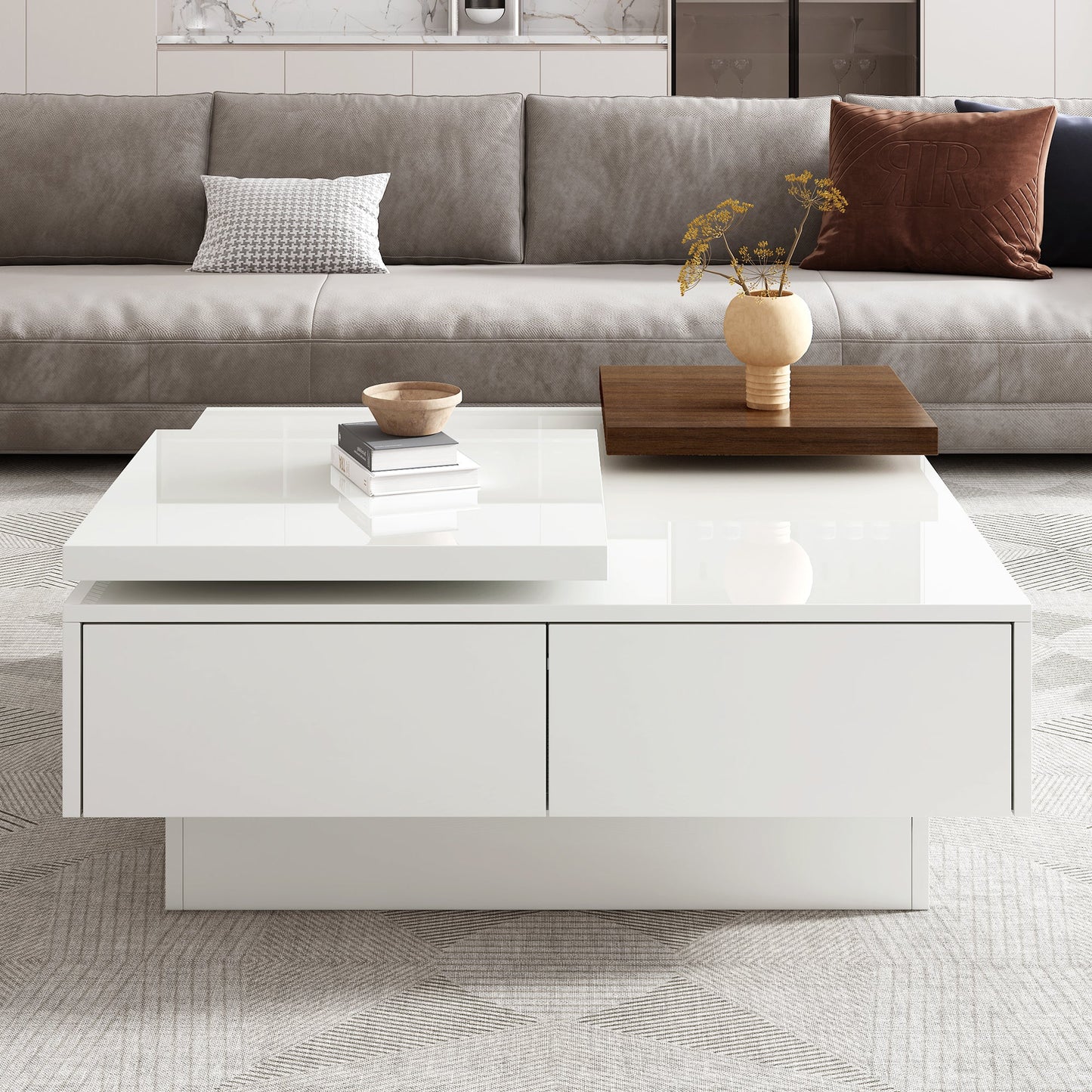 U-Can Movable Top Coffee Table, Modern Square Wood Coffee Table with High Gloss finish, 4 Hidden Storage Drawers for Living Room - Divine Heart L.A.