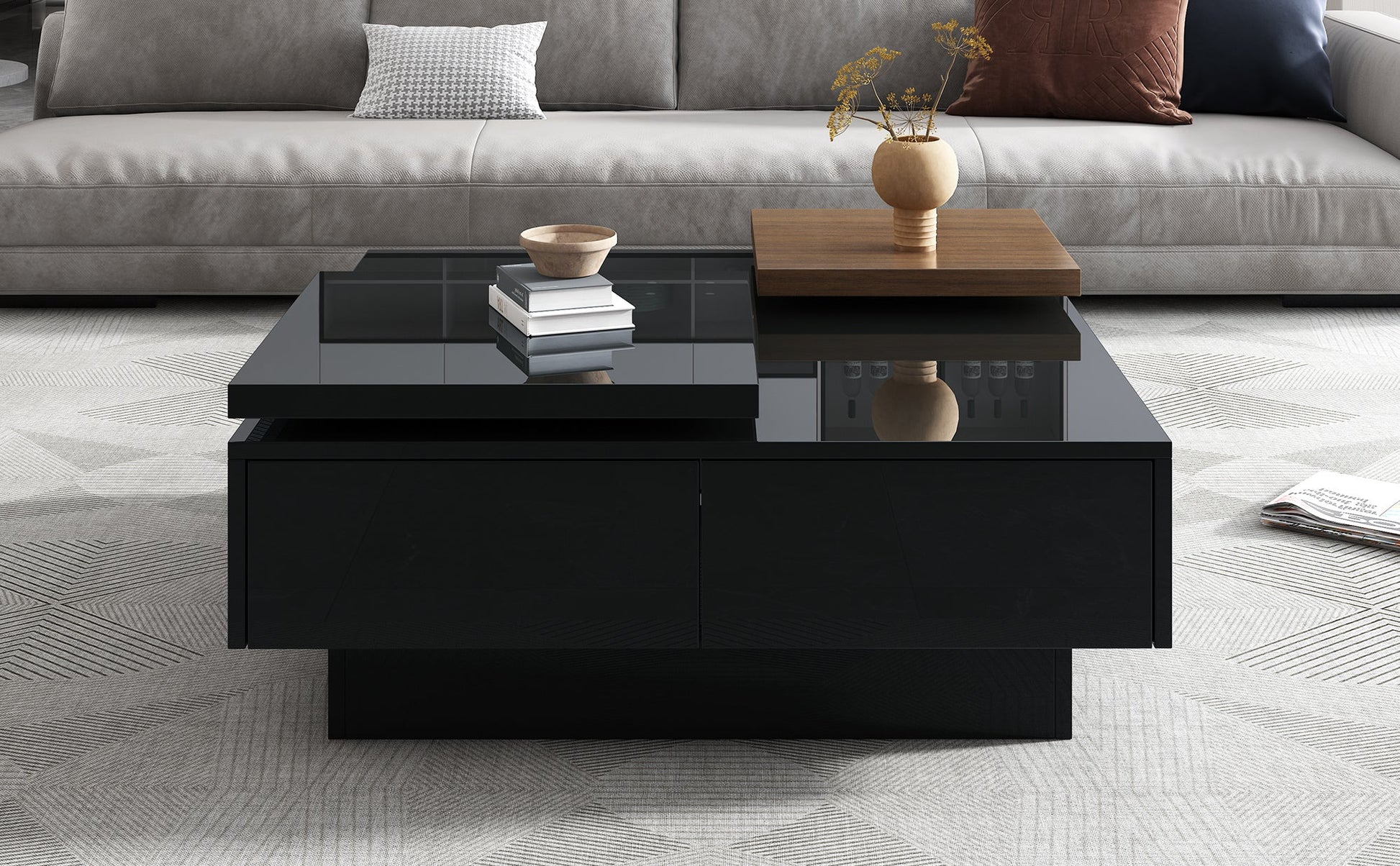 U-Can Movable Top Coffee Table, Modern Square Wood Coffee Table with High Gloss finish, 4 Hidden Storage Drawers for Living Room - Divine Heart L.A.