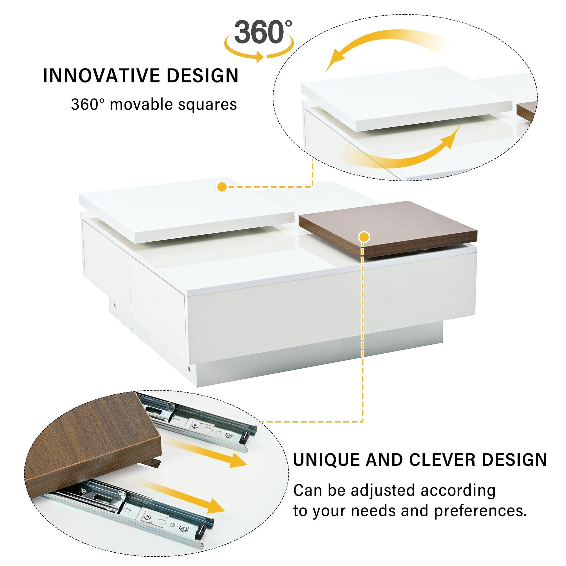 U-Can Movable Top Coffee Table, Modern Square Wood Coffee Table with High Gloss finish, 4 Hidden Storage Drawers for Living Room - Divine Heart L.A.