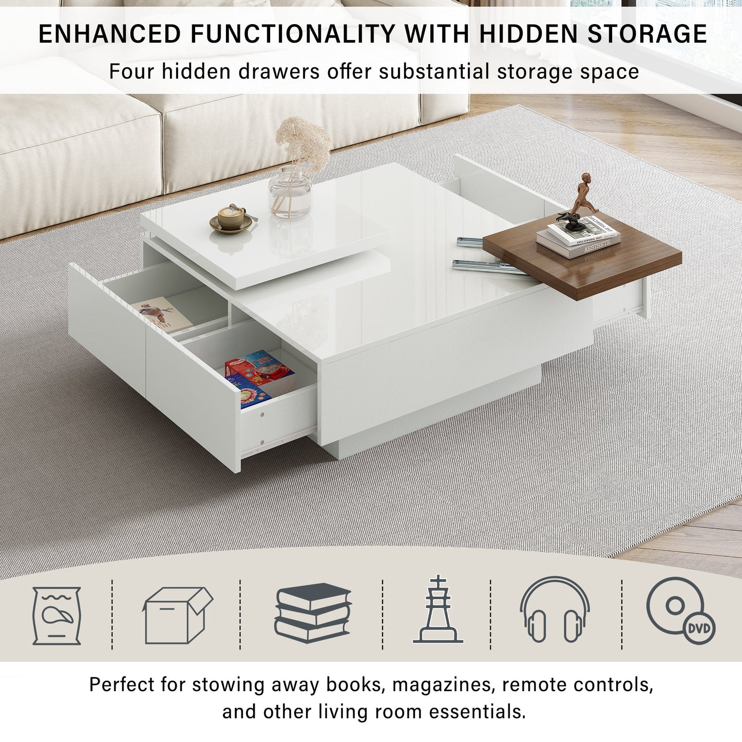 U-Can Movable Top Coffee Table, Modern Square Wood Coffee Table with High Gloss finish, 4 Hidden Storage Drawers for Living Room - Divine Heart L.A.