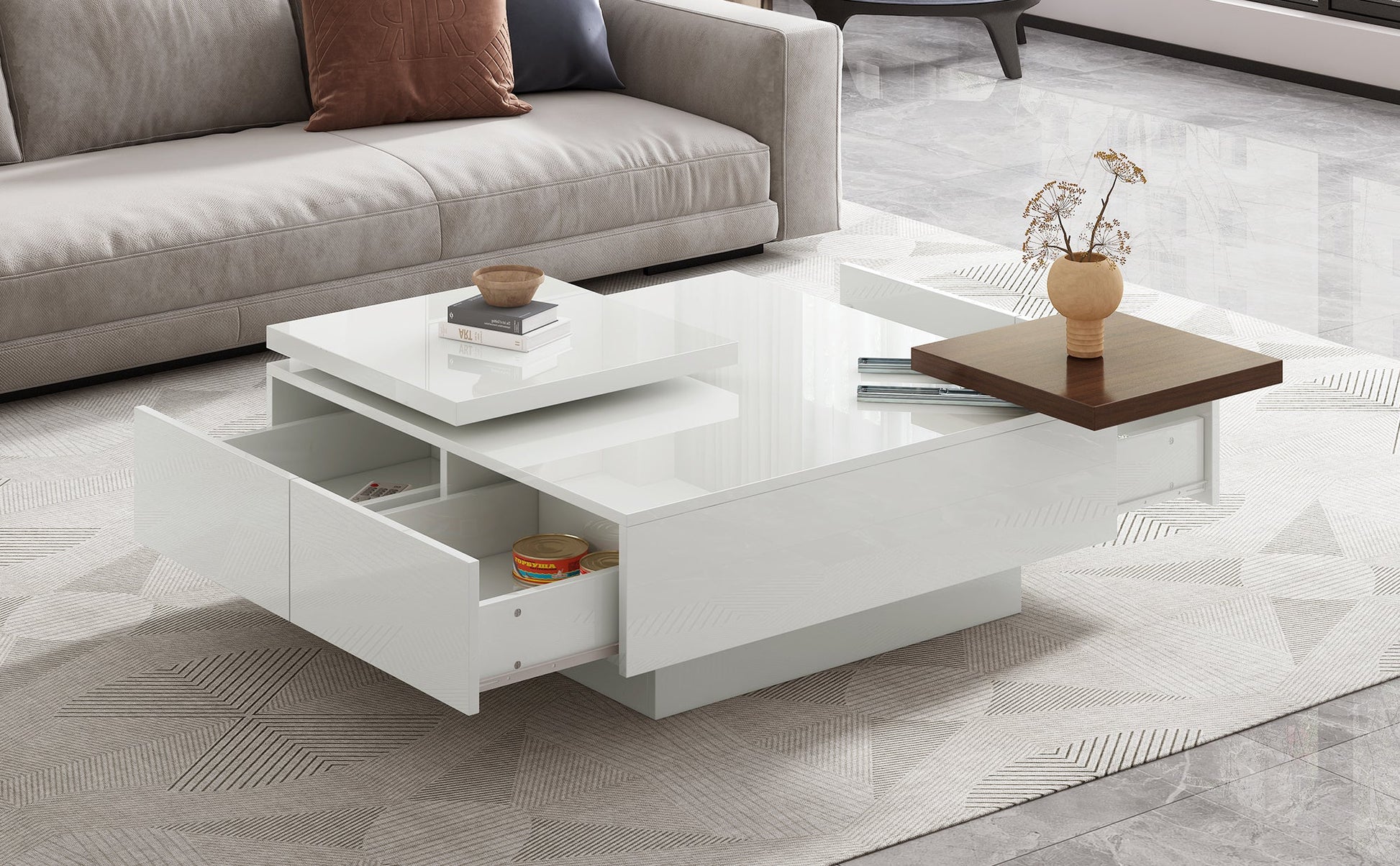 U-Can Movable Top Coffee Table, Modern Square Wood Coffee Table with High Gloss finish, 4 Hidden Storage Drawers for Living Room - Divine Heart L.A.