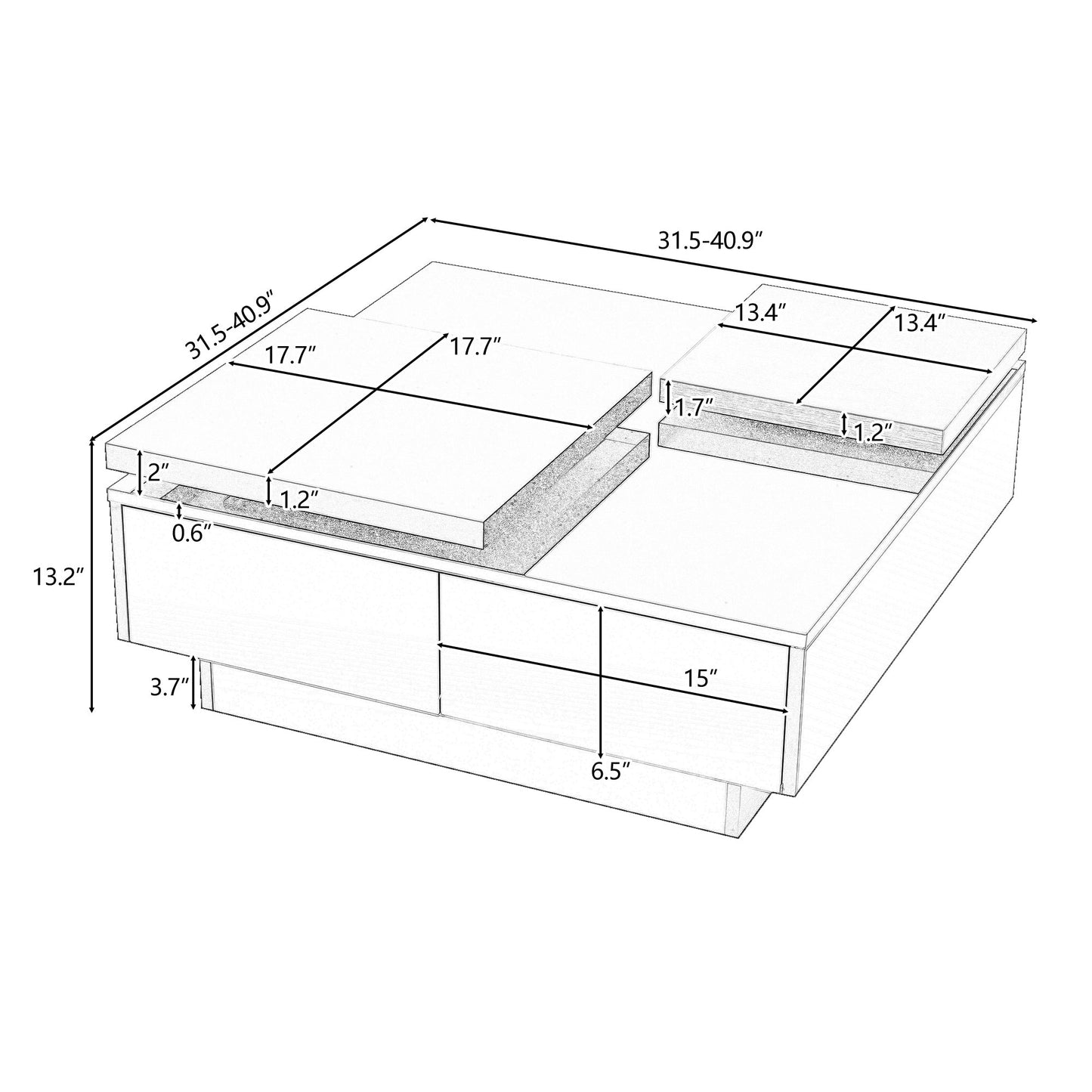 U-Can Movable Top Coffee Table, Modern Square Wood Coffee Table with High Gloss finish, 4 Hidden Storage Drawers for Living Room - Divine Heart L.A.