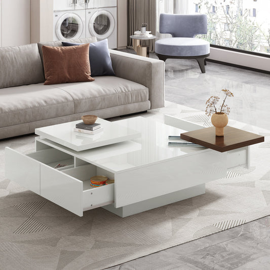 U-Can Movable Top Coffee Table, Modern Square Wood Coffee Table with High Gloss finish, 4 Hidden Storage Drawers for Living Room - Divine Heart L.A.