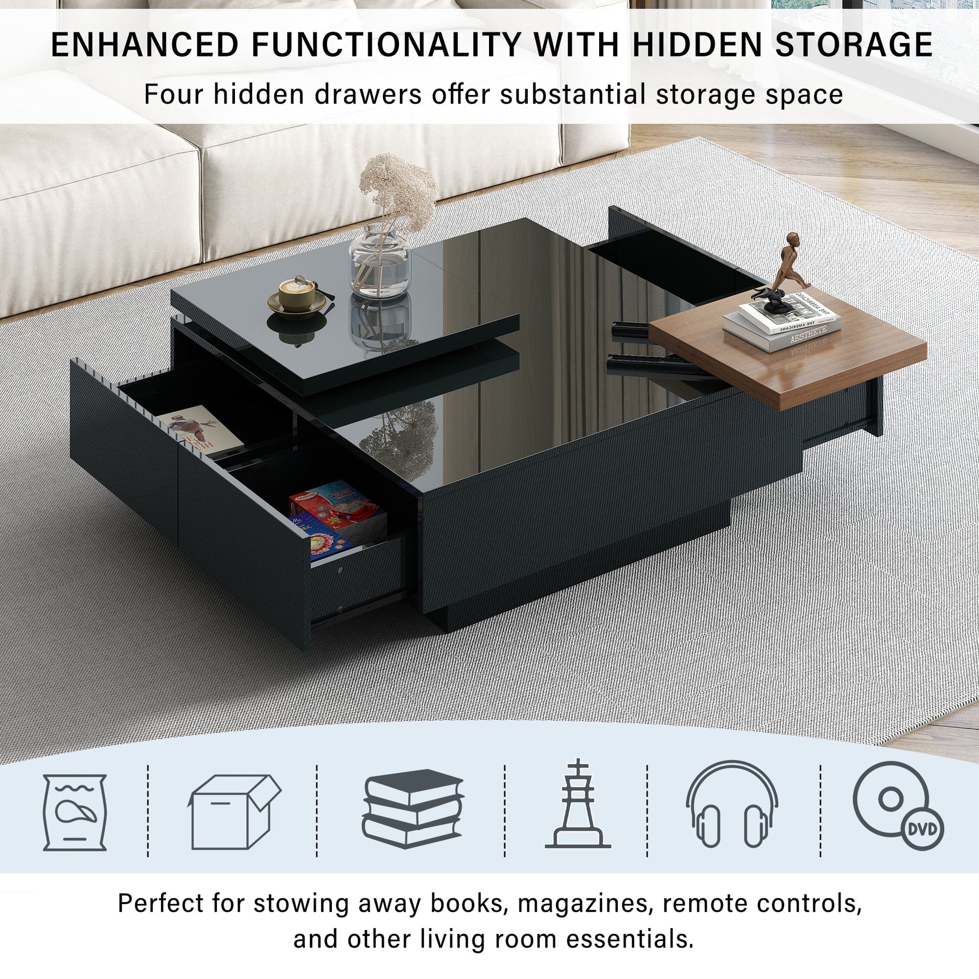 U-Can Movable Top Coffee Table, Modern Square Wood Coffee Table with High Gloss finish, 4 Hidden Storage Drawers for Living Room - Divine Heart L.A.