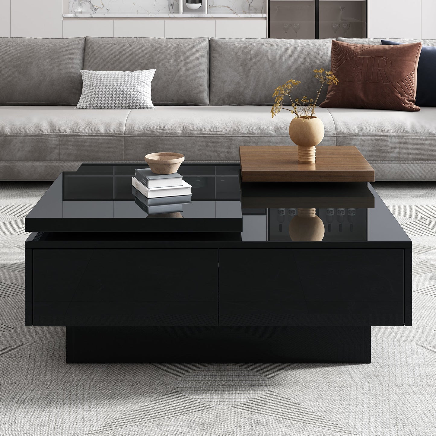 U-Can Movable Top Coffee Table, Modern Square Wood Coffee Table with High Gloss finish, 4 Hidden Storage Drawers for Living Room - Divine Heart L.A.