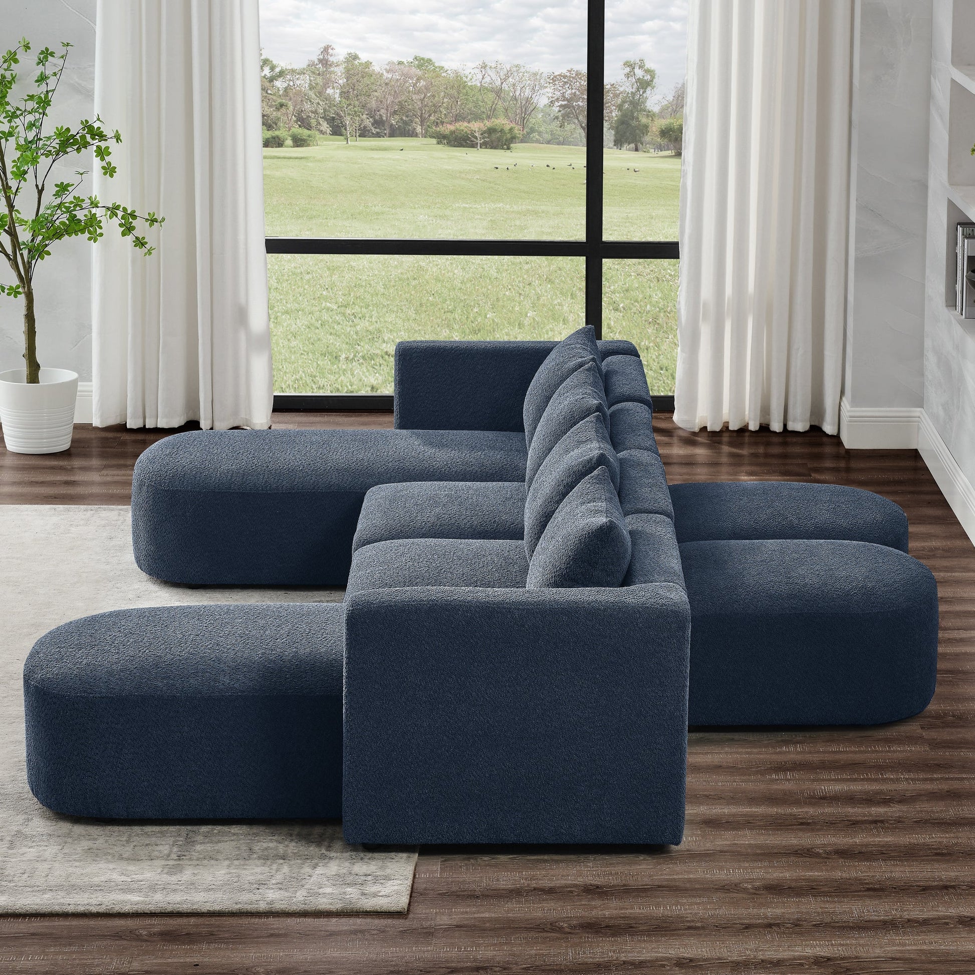 U Shape Sectional Sofa including Two Single Seat, Two Chaises and Two Ottomans, Modular Sofa, DIY Combination, Loop Yarn Fabric, Navy - Divine Heart L.A.