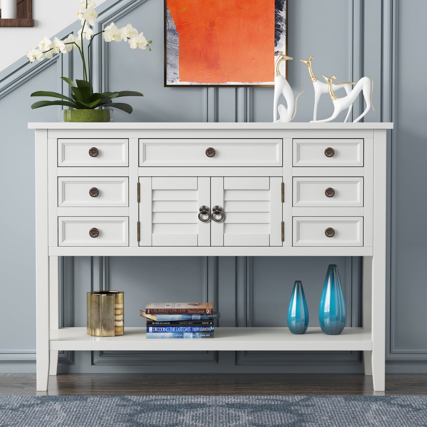 U_STYLE 44.5'' Modern Console Table Sofa Table for Living Room with 7 Drawers, 1 Cabinet and 1 Shelf - Divine Heart L.A.