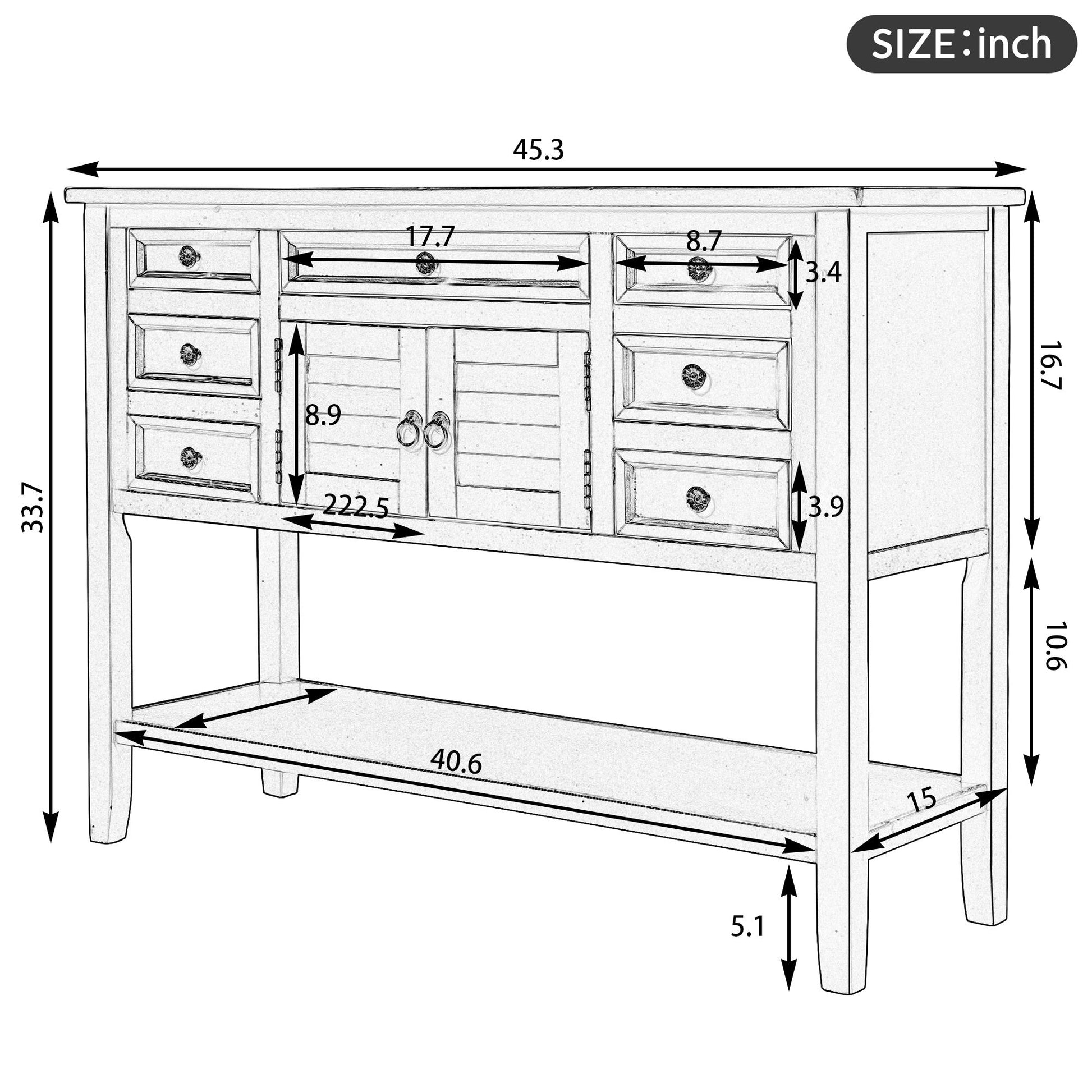 U_STYLE 44.5'' Modern Console Table Sofa Table for Living Room with 7 Drawers, 1 Cabinet and 1 Shelf - Divine Heart L.A.