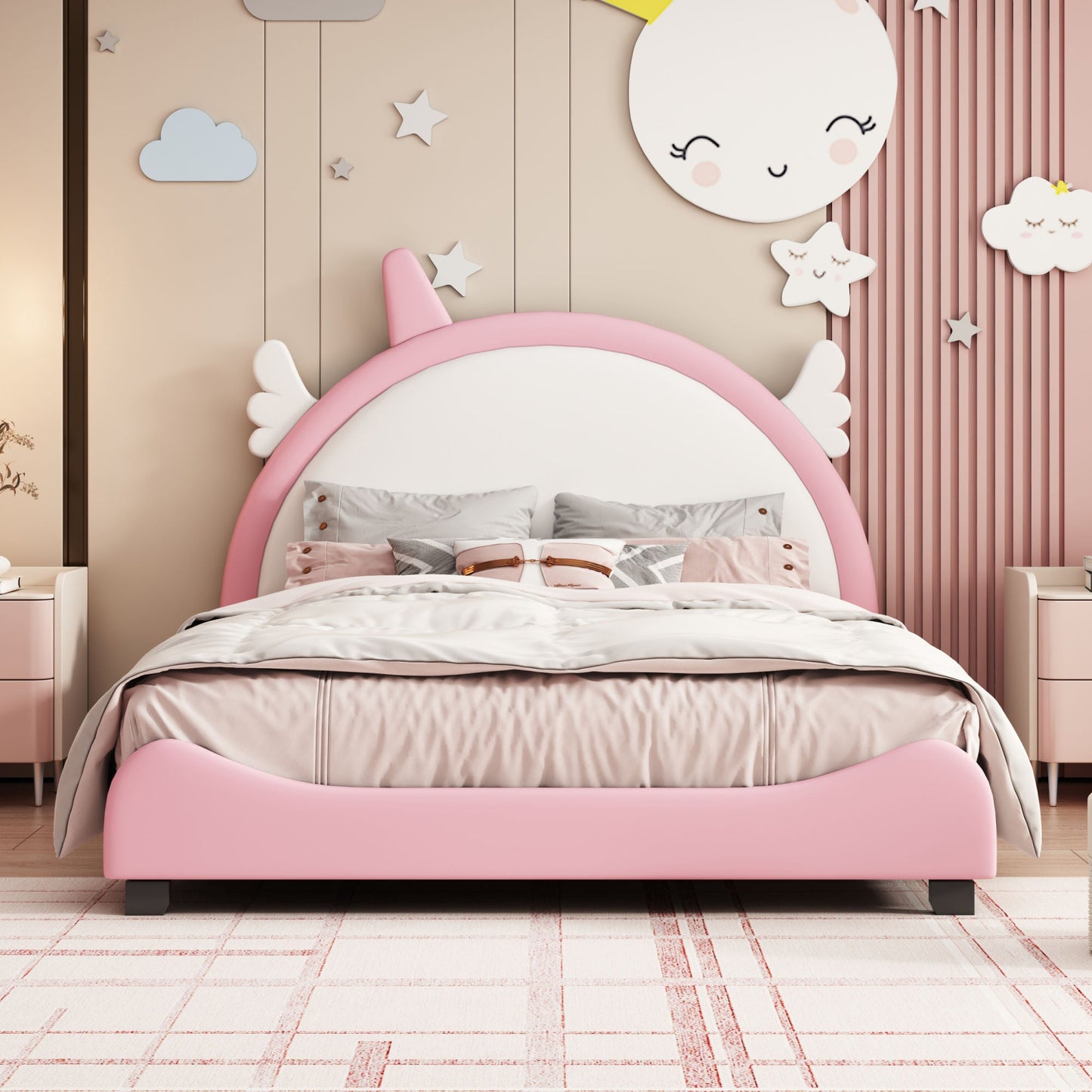 Upholstered Full Platform Bed with Unicorn Shaped Headboard - Divine Heart L.A.