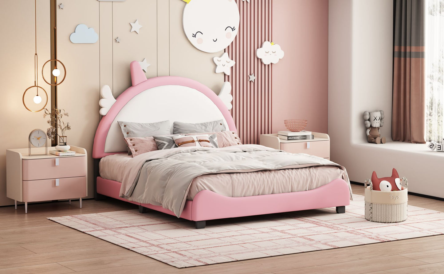 Upholstered Full Platform Bed with Unicorn Shaped Headboard - Divine Heart L.A.