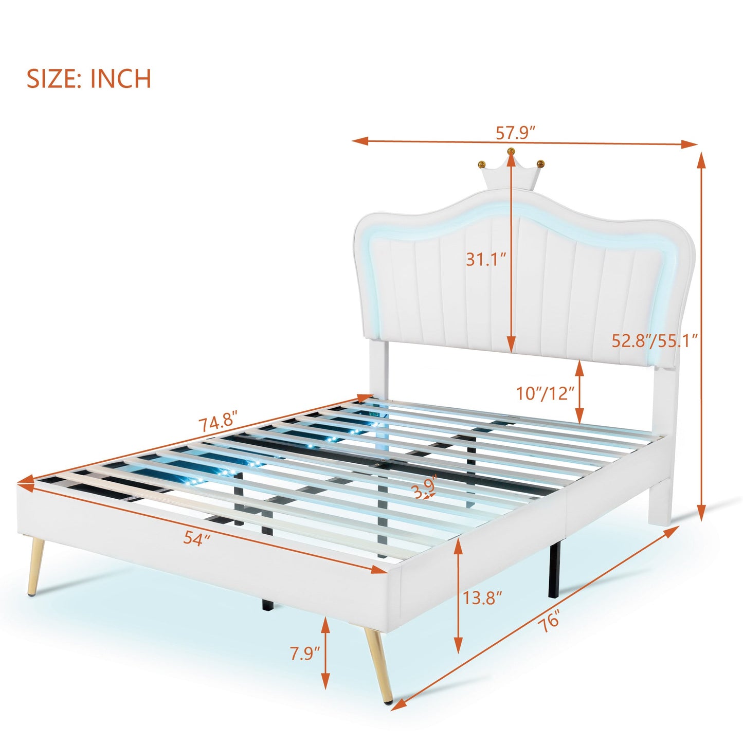 Upholstered Full Princess Bed with LED Lights and Crown Headboard - Divine Heart L.A.