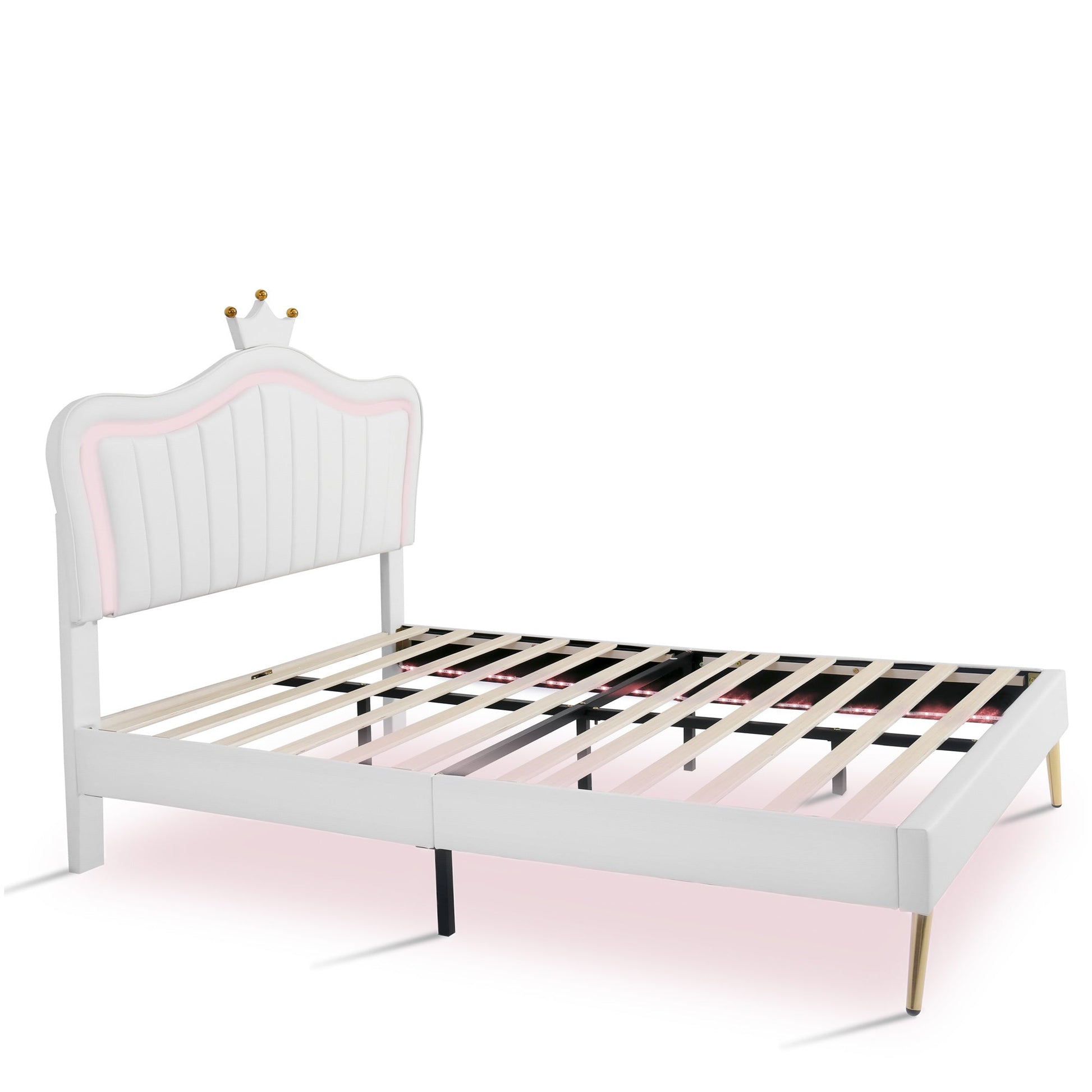 Upholstered Full Princess Bed with LED Lights and Crown Headboard - Divine Heart L.A.