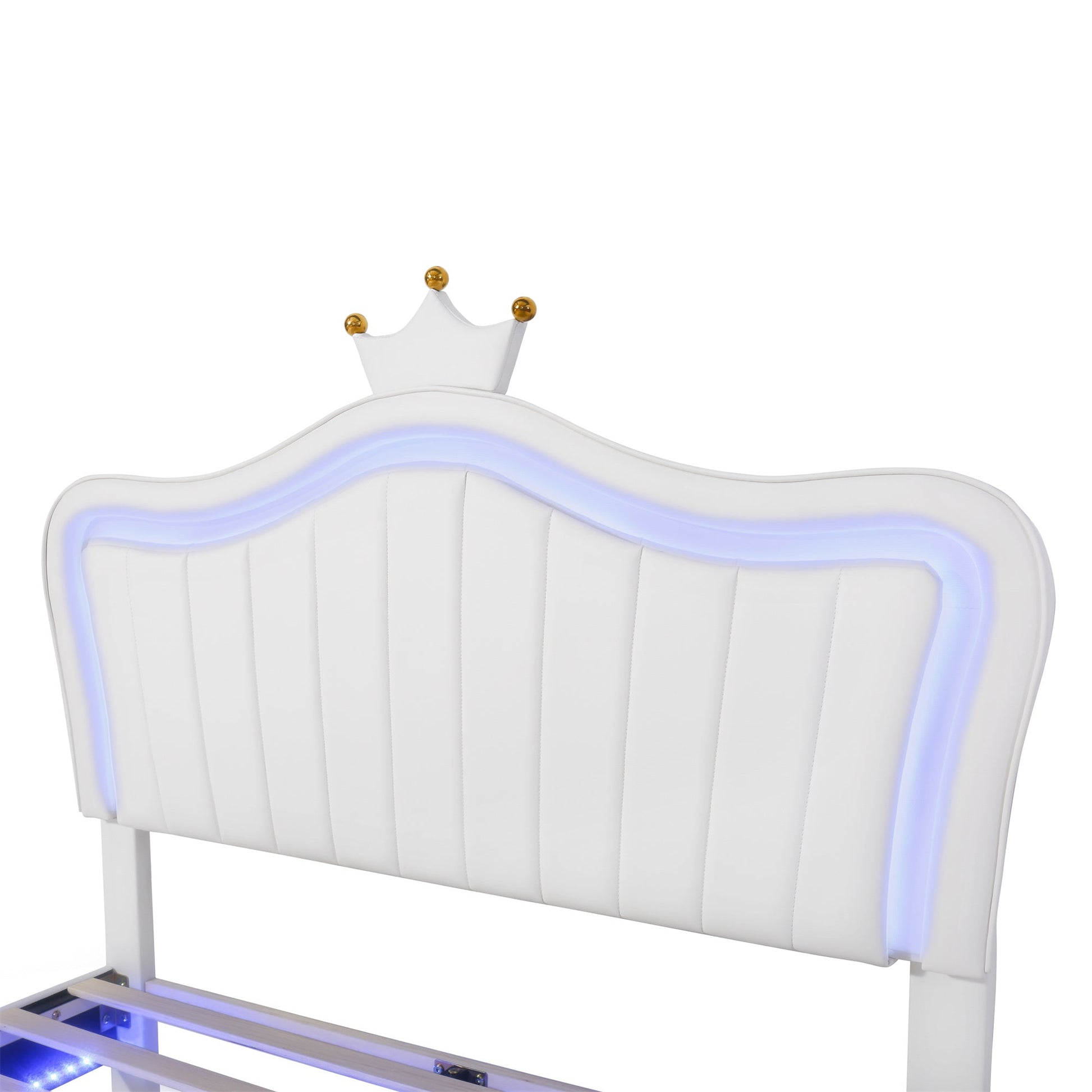 Upholstered Full Princess Bed with LED Lights and Crown Headboard - Divine Heart L.A.