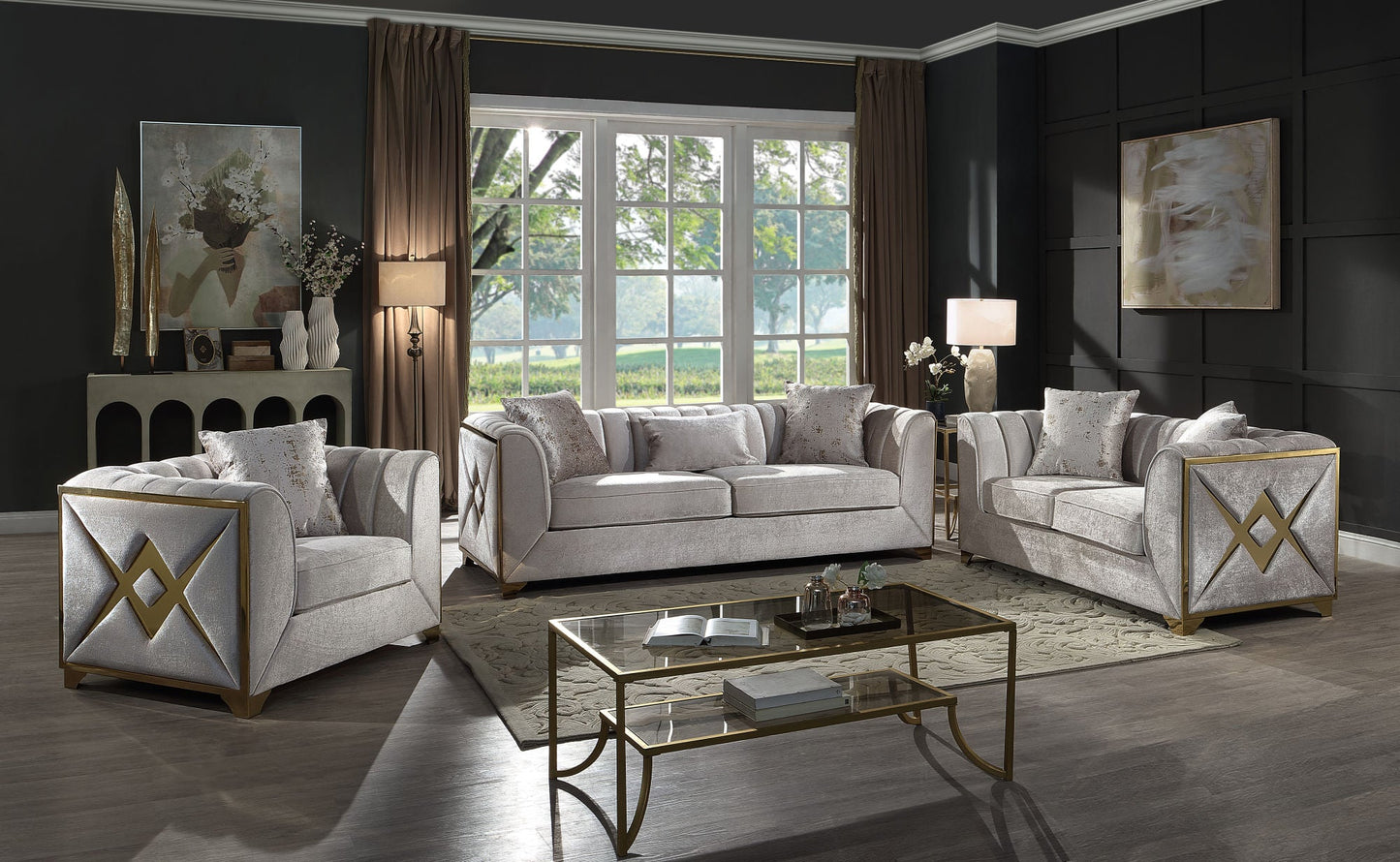 Velencia 3Pc Modern Living Room Set in Cream - Divine Heart L.A.