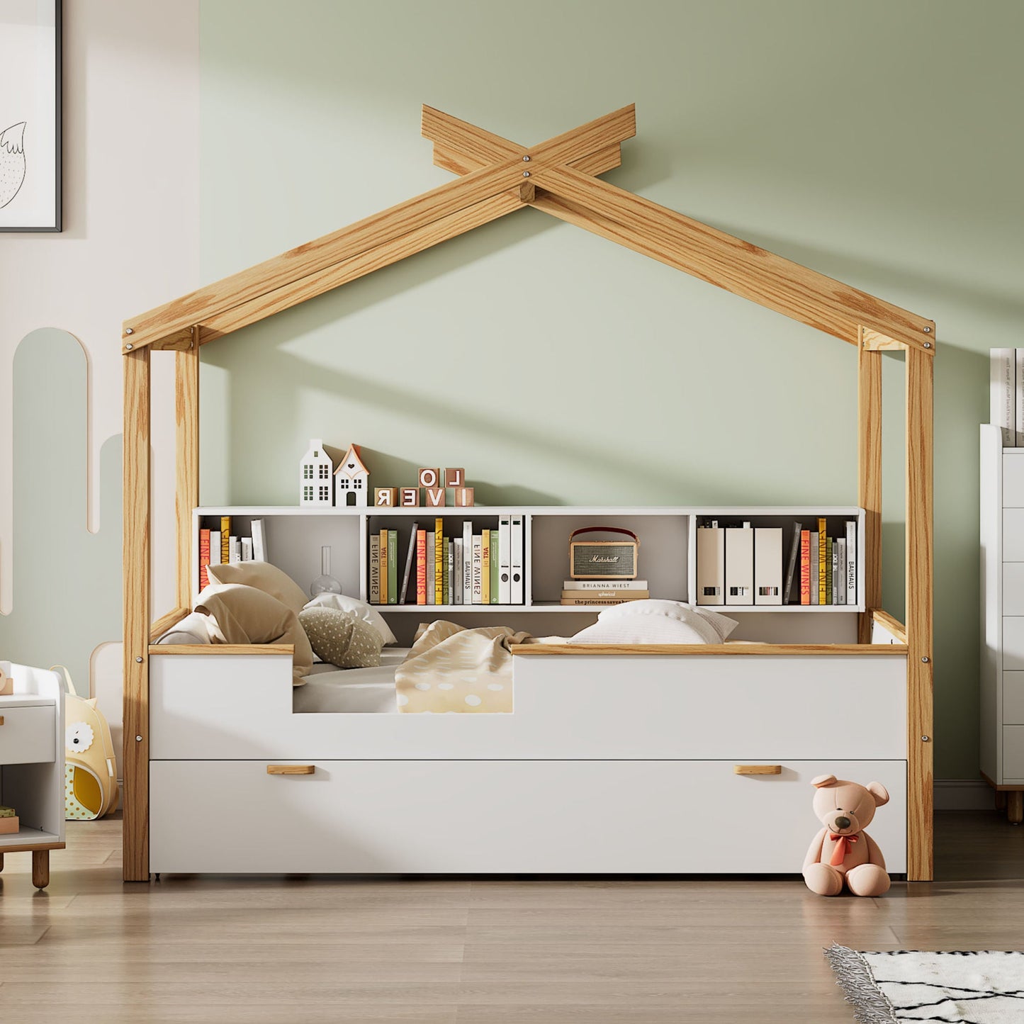 Wooden Full House Bed with Twin Size Trundle and Bookshelf Storage - Divine Heart L.A.