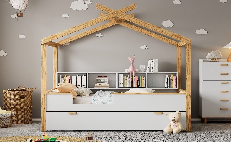 Wooden Full House Bed with Twin Size Trundle and Bookshelf Storage - Divine Heart L.A.