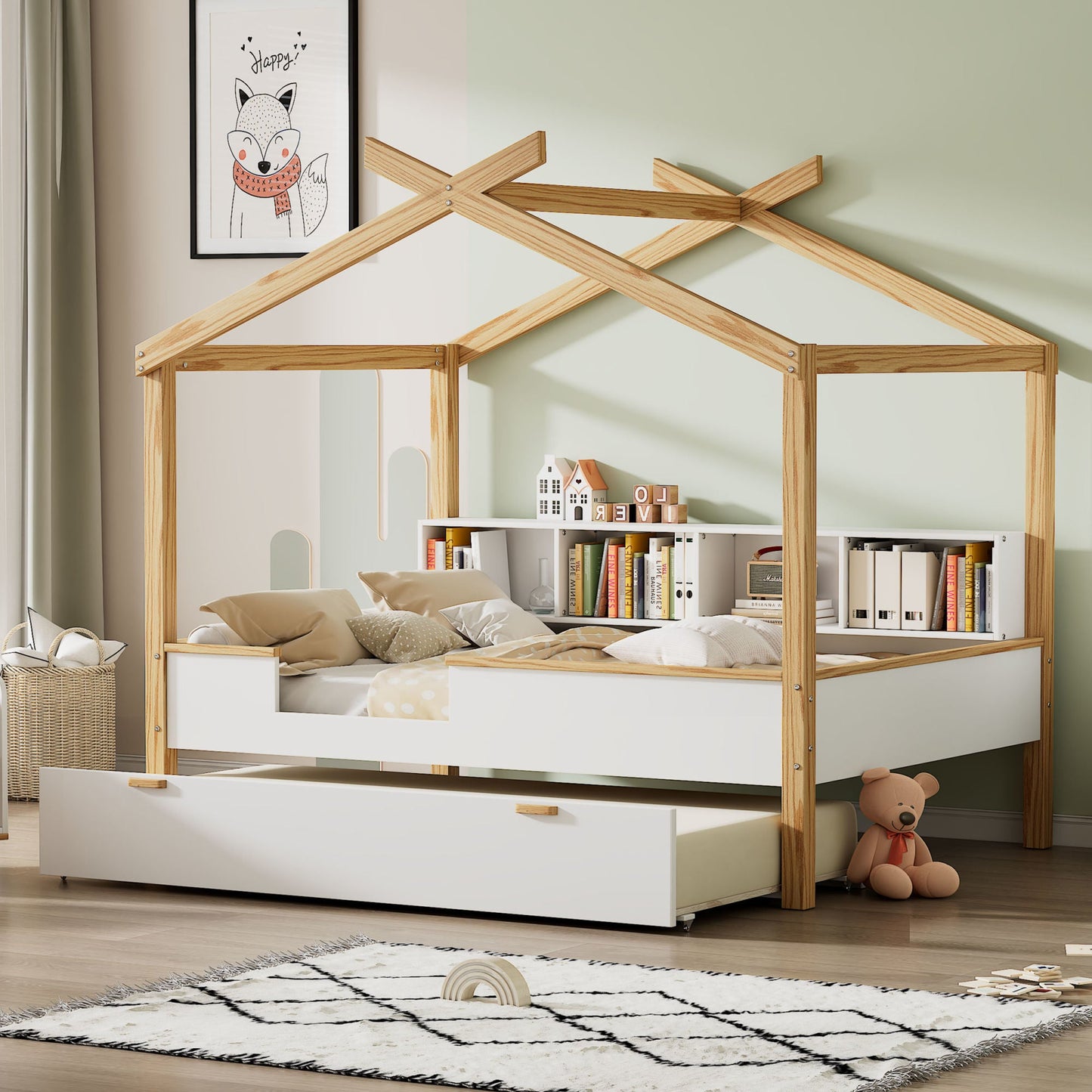 Wooden Full House Bed with Twin Size Trundle and Bookshelf Storage - Divine Heart L.A.