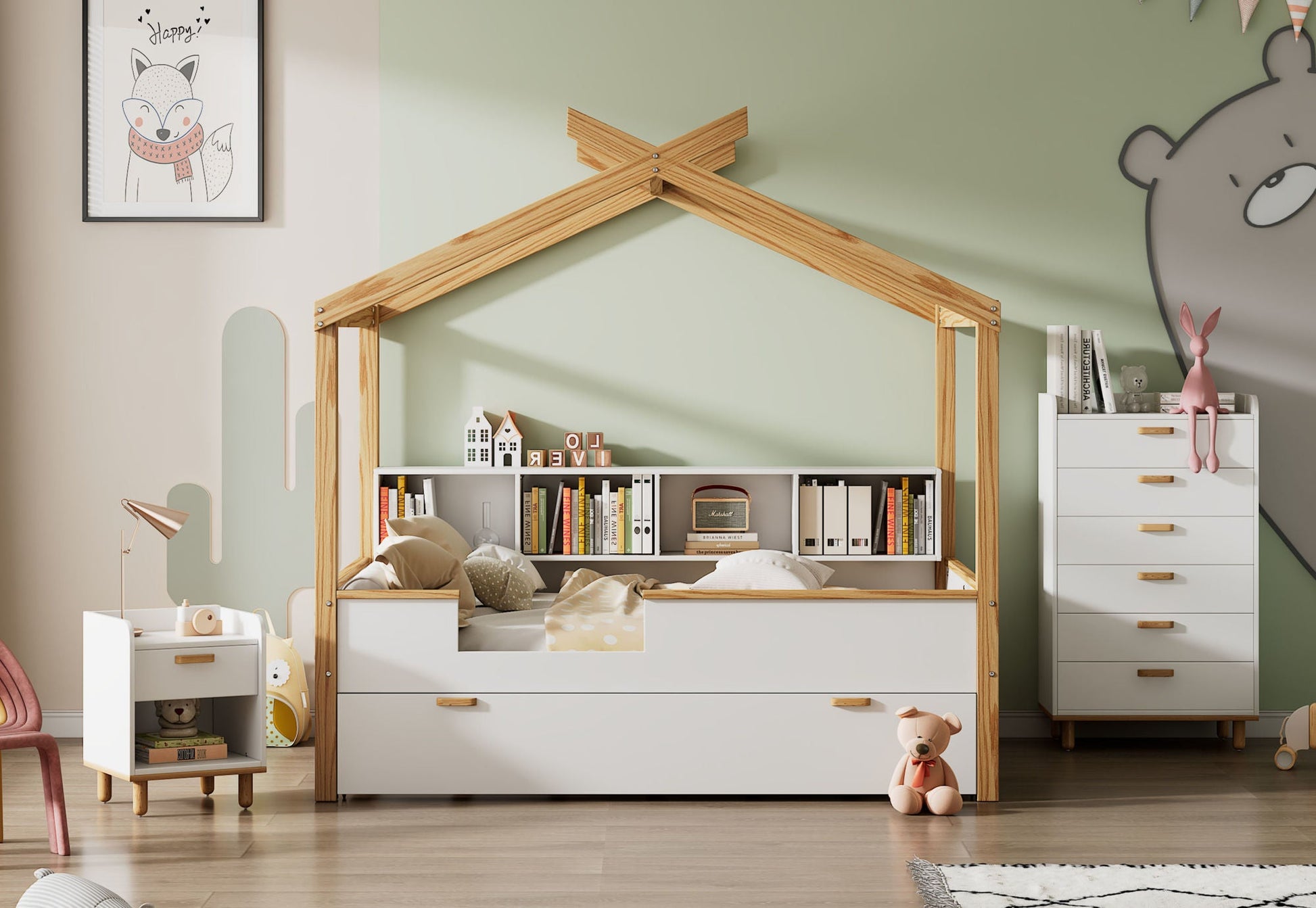 Wooden Full House Bed with Twin Size Trundle and Bookshelf Storage - Divine Heart L.A.