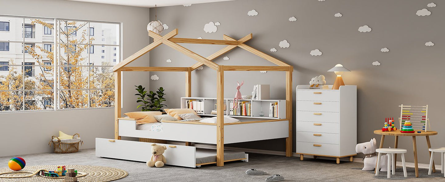 Wooden Full House Bed with Twin Size Trundle and Bookshelf Storage - Divine Heart L.A.