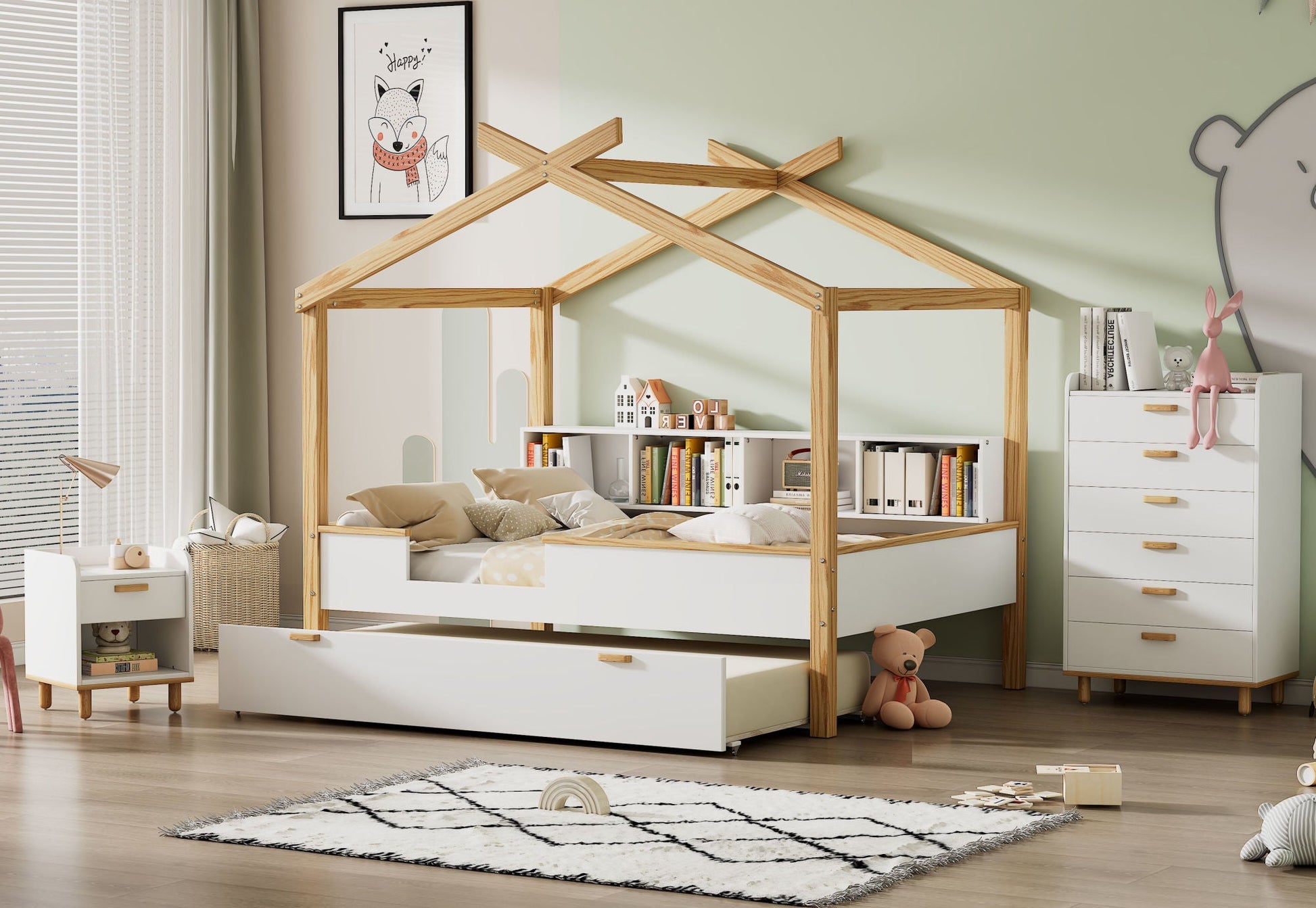 Wooden Full House Bed with Twin Size Trundle and Bookshelf Storage - Divine Heart L.A.