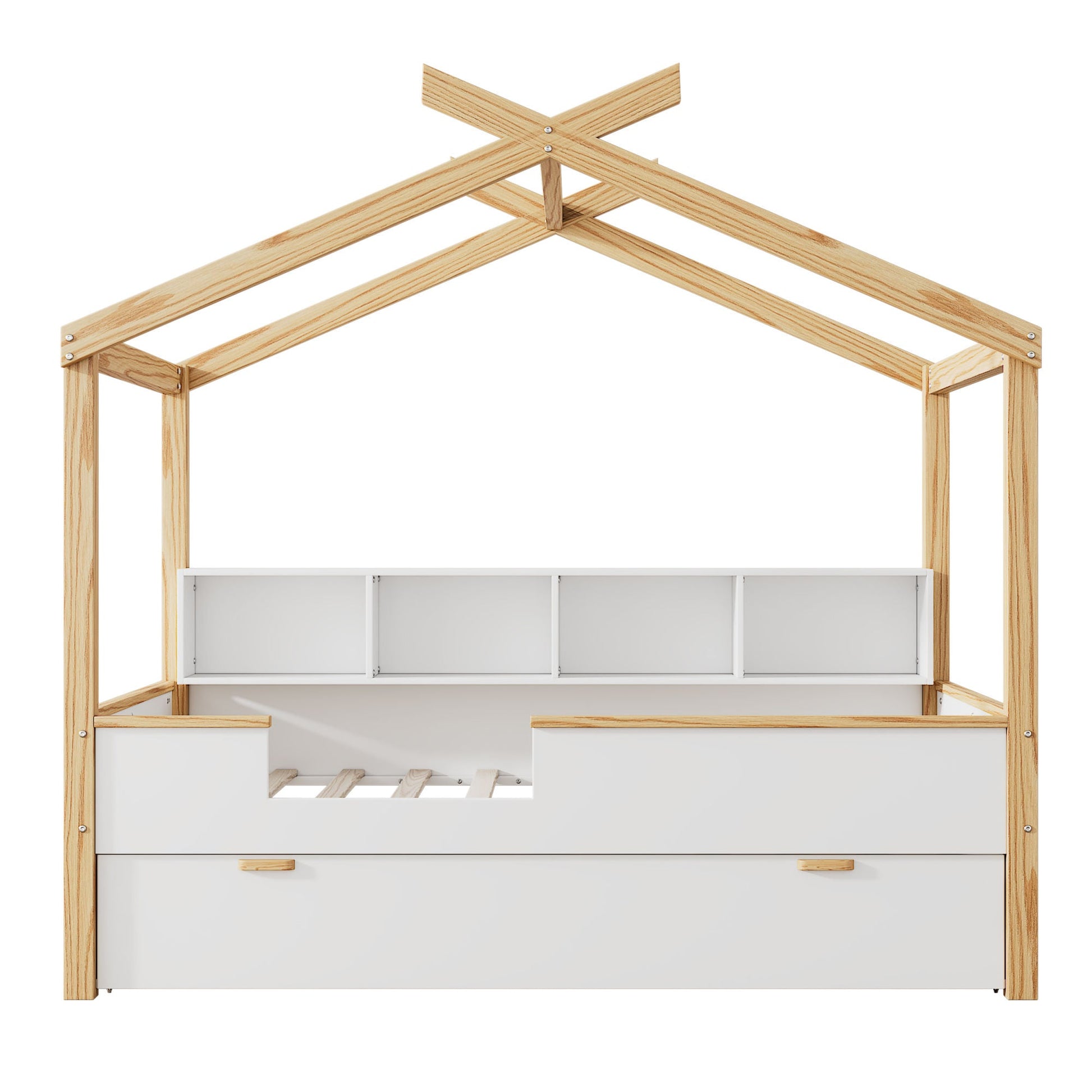 Wooden Full House Bed with Twin Size Trundle and Bookshelf Storage - Divine Heart L.A.