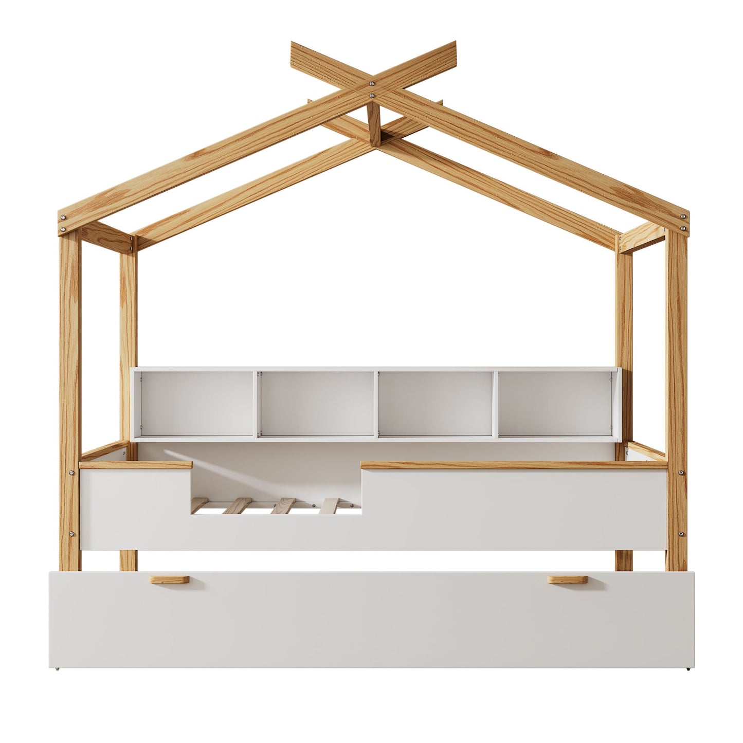 Wooden Full House Bed with Twin Size Trundle and Bookshelf Storage - Divine Heart L.A.