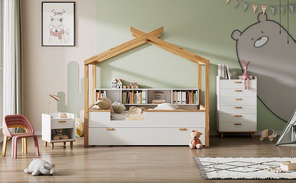 Wooden Full House Bed with Twin Size Trundle and Bookshelf Storage - Divine Heart L.A.