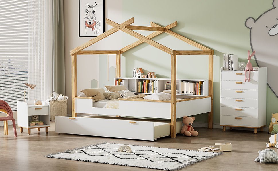 Wooden Full House Bed with Twin Size Trundle and Bookshelf Storage - Divine Heart L.A.