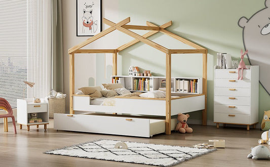 Wooden Full House Bed with Twin Size Trundle and Bookshelf Storage - Divine Heart L.A.