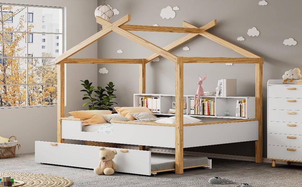 Wooden Full House Bed with Twin Size Trundle and Bookshelf Storage - Divine Heart L.A.